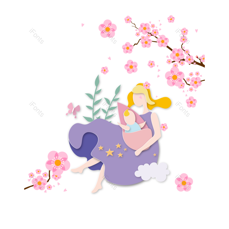 母亲节图片,插画元素,花朵PNG,亲子免抠素材